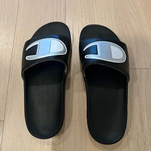 Champion Black Slides with Silver Logo